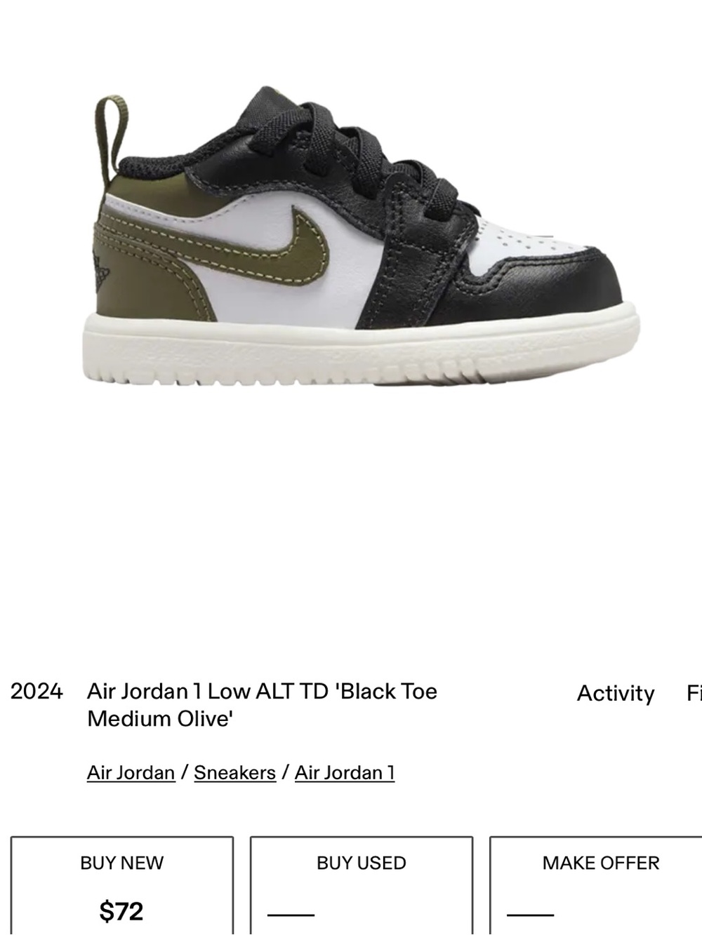 Toddler size 6 Jordan 1 Low ALT Black Medium Olive Sail White Shoes - Picture 11 of 11